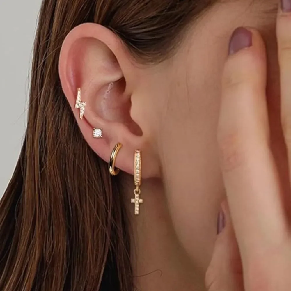 NEW 14K Gold Plated Gold Cross Hoop Earrings Set